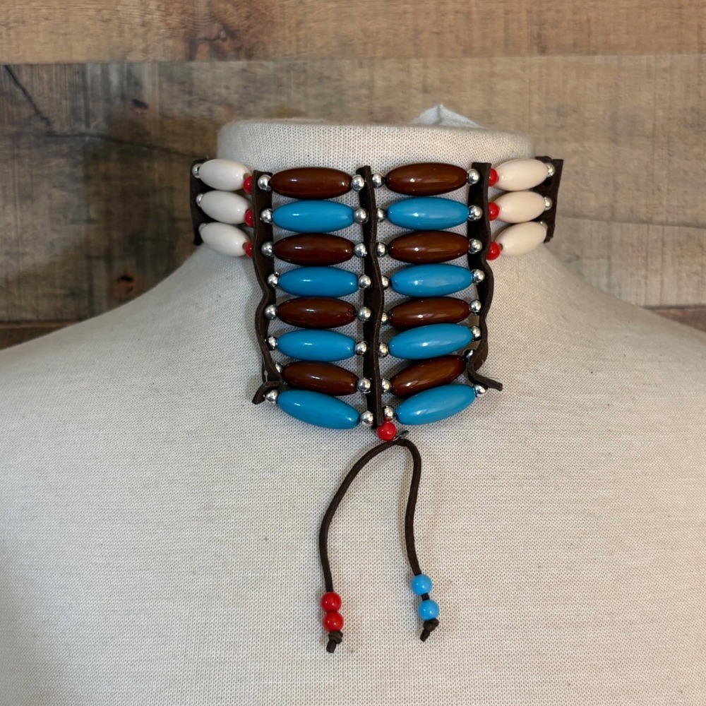 Southwestern Beaded Breastplate Choker Necklace Turquoise Brown Leather